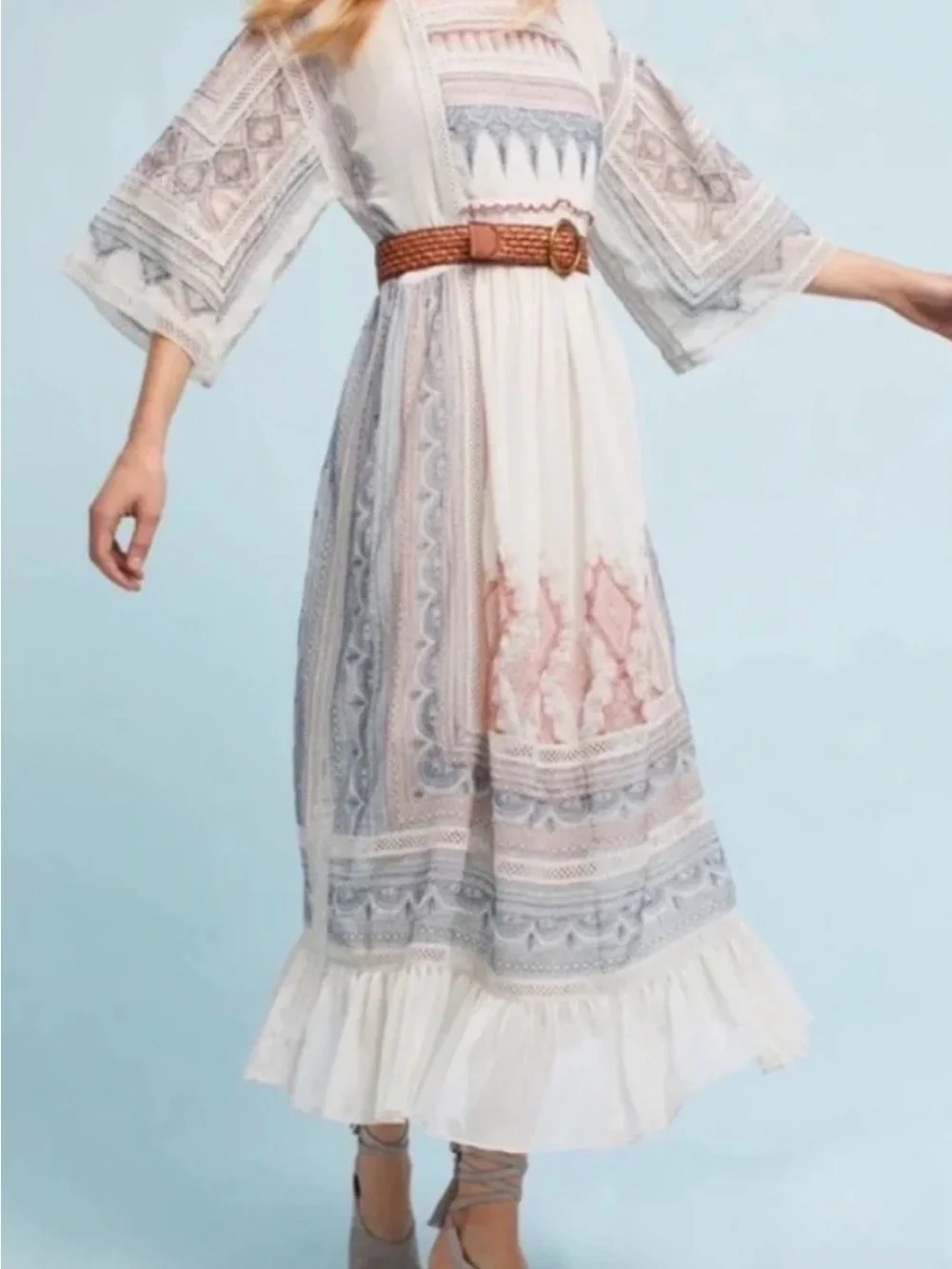 Maeve Cream Maxi Dress with rust and navy  Embroidery